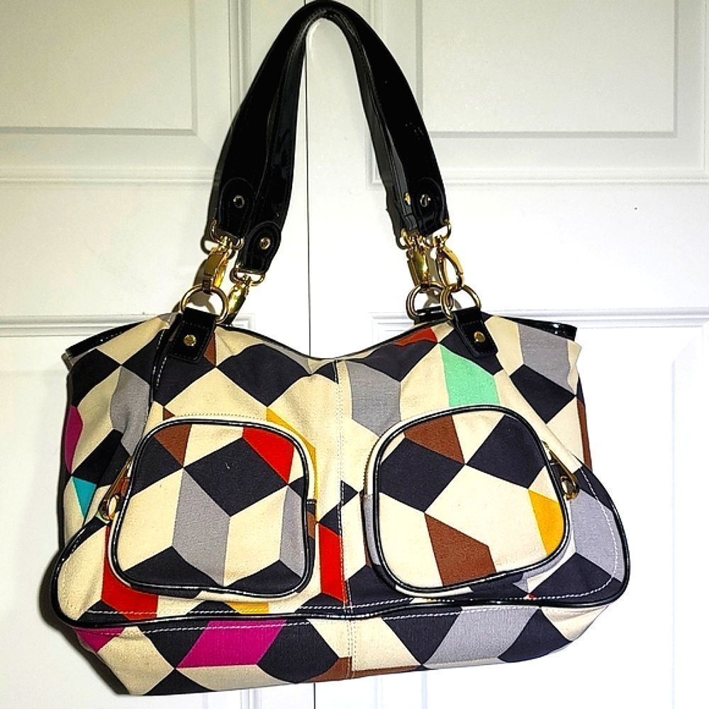𝅺Ted Baker Multicolor Canvas Geo Cube Hobo Shoulder Bag